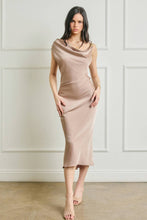 Load image into Gallery viewer, Satin Metal Trim Cowl Ruched Midi Dress