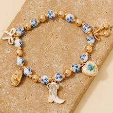 Load image into Gallery viewer, Western And Heart Charms Floral Ceramic Beaded Bracelet