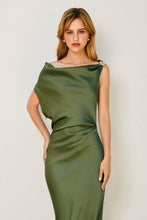 Load image into Gallery viewer, Satin Metal Trim Cowl Ruched Midi Dress