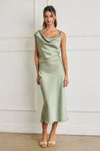 Load image into Gallery viewer, Satin Metal Trim Cowl Ruched Midi Dress