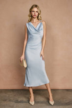 Load image into Gallery viewer, Satin Metal Trim Cowl Ruched Midi Dress