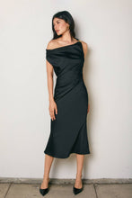 Load image into Gallery viewer, Satin Metal Trim Cowl Ruched Midi Dress