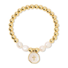 Load image into Gallery viewer, Cross + Pearls Stretch Charm Bracelet