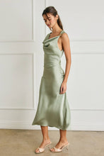 Load image into Gallery viewer, Satin Metal Trim Cowl Ruched Midi Dress