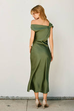 Load image into Gallery viewer, Satin Metal Trim Cowl Ruched Midi Dress