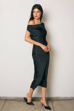 Load image into Gallery viewer, Satin Metal Trim Cowl Ruched Midi Dress