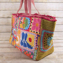 Load image into Gallery viewer, Folk Art Patchwork Fringe Crochet Canvas Tote Bag