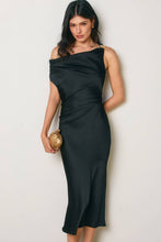 Load image into Gallery viewer, Satin Metal Trim Cowl Ruched Midi Dress