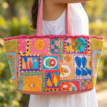 Load image into Gallery viewer, Folk Art Patchwork Fringe Crochet Canvas Tote Bag
