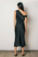 Load image into Gallery viewer, Satin Metal Trim Cowl Ruched Midi Dress
