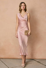 Load image into Gallery viewer, Satin Metal Trim Cowl Ruched Midi Dress