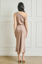 Load image into Gallery viewer, Satin Metal Trim Cowl Ruched Midi Dress