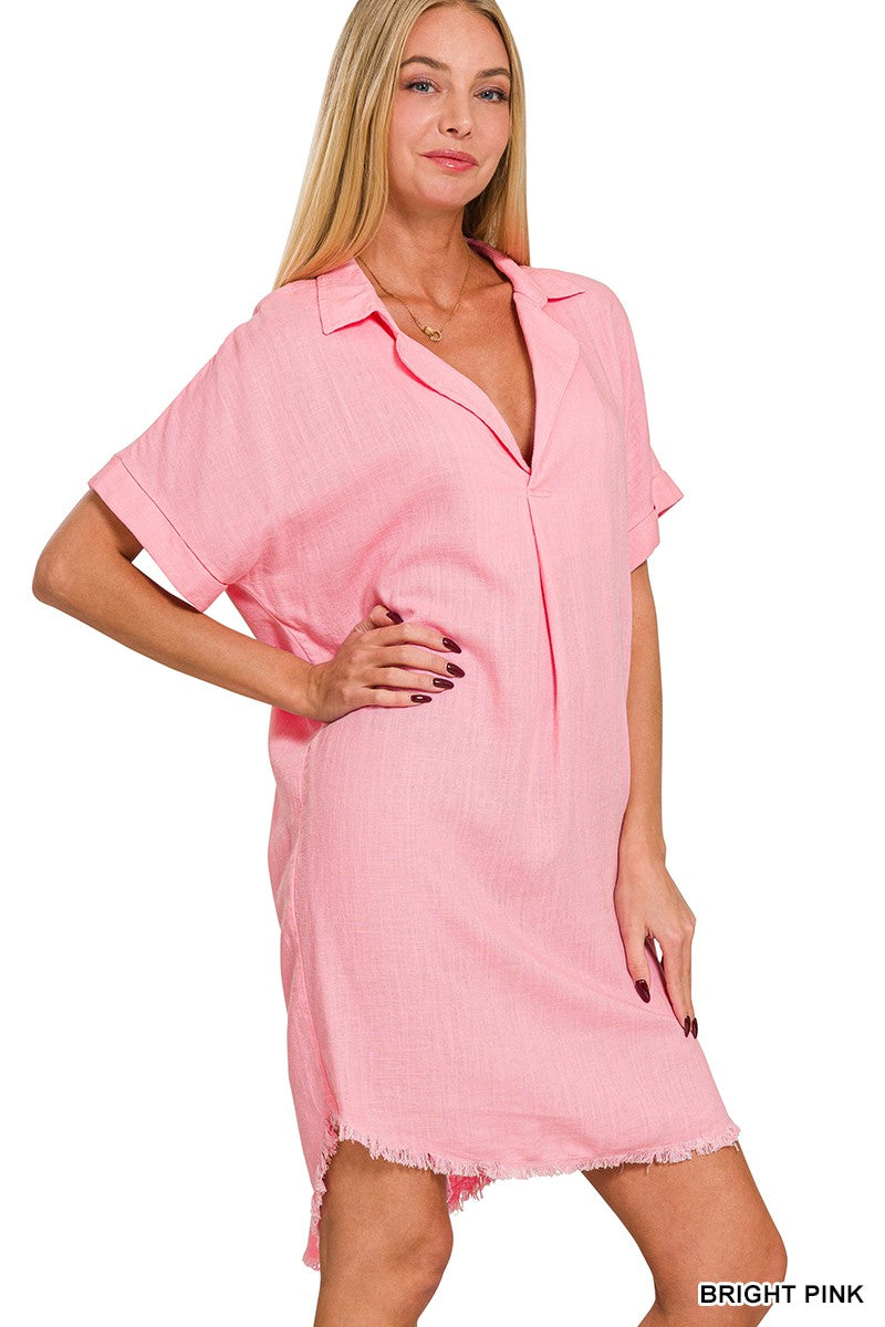 LINEN FRAYED HEM SHIRT DRESS LINEN FRAYED HEM SHIRT DRESS