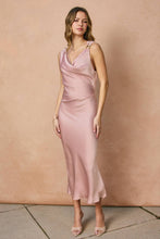 Load image into Gallery viewer, Satin Metal Trim Cowl Ruched Midi Dress
