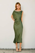 Load image into Gallery viewer, Satin Metal Trim Cowl Ruched Midi Dress