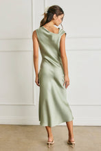 Load image into Gallery viewer, Satin Metal Trim Cowl Ruched Midi Dress
