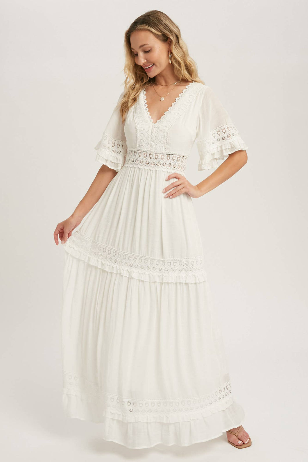 V-NECK LACE TRIM MAXI DRESS