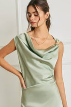 Load image into Gallery viewer, Satin Metal Trim Cowl Ruched Midi Dress
