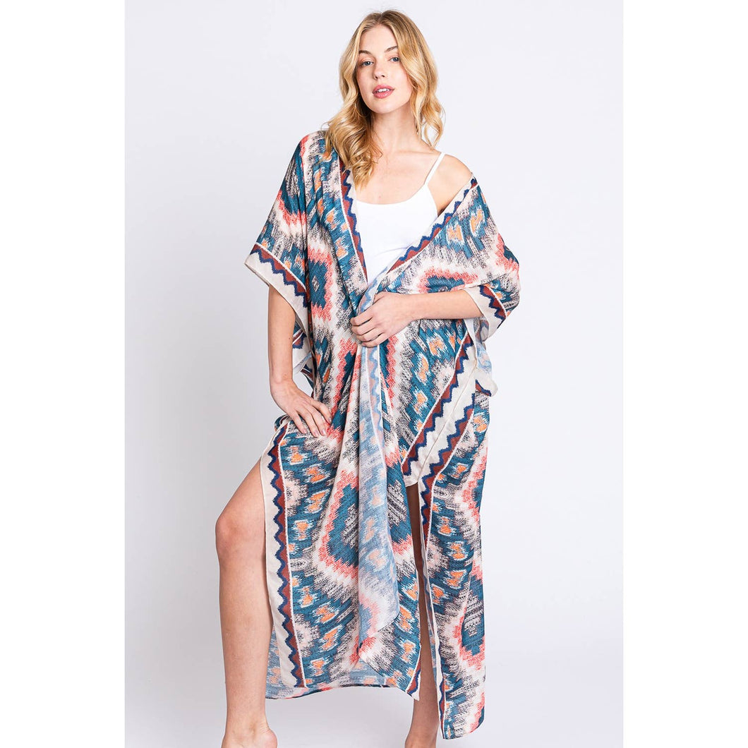 Aztec Print Open Front Long Kimono