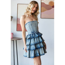 Load image into Gallery viewer, DENIM TUBE RUFFLED MINI DRESS
