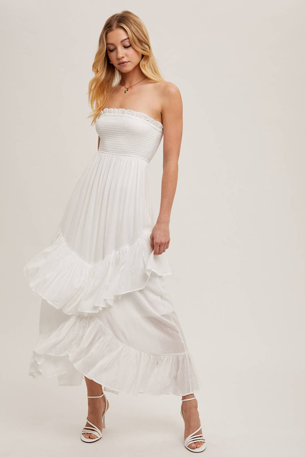 BOHO SMOCKED STRAPLESS TIERED RUFFLE MIDI DRESS