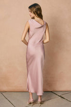 Load image into Gallery viewer, Satin Metal Trim Cowl Ruched Midi Dress
