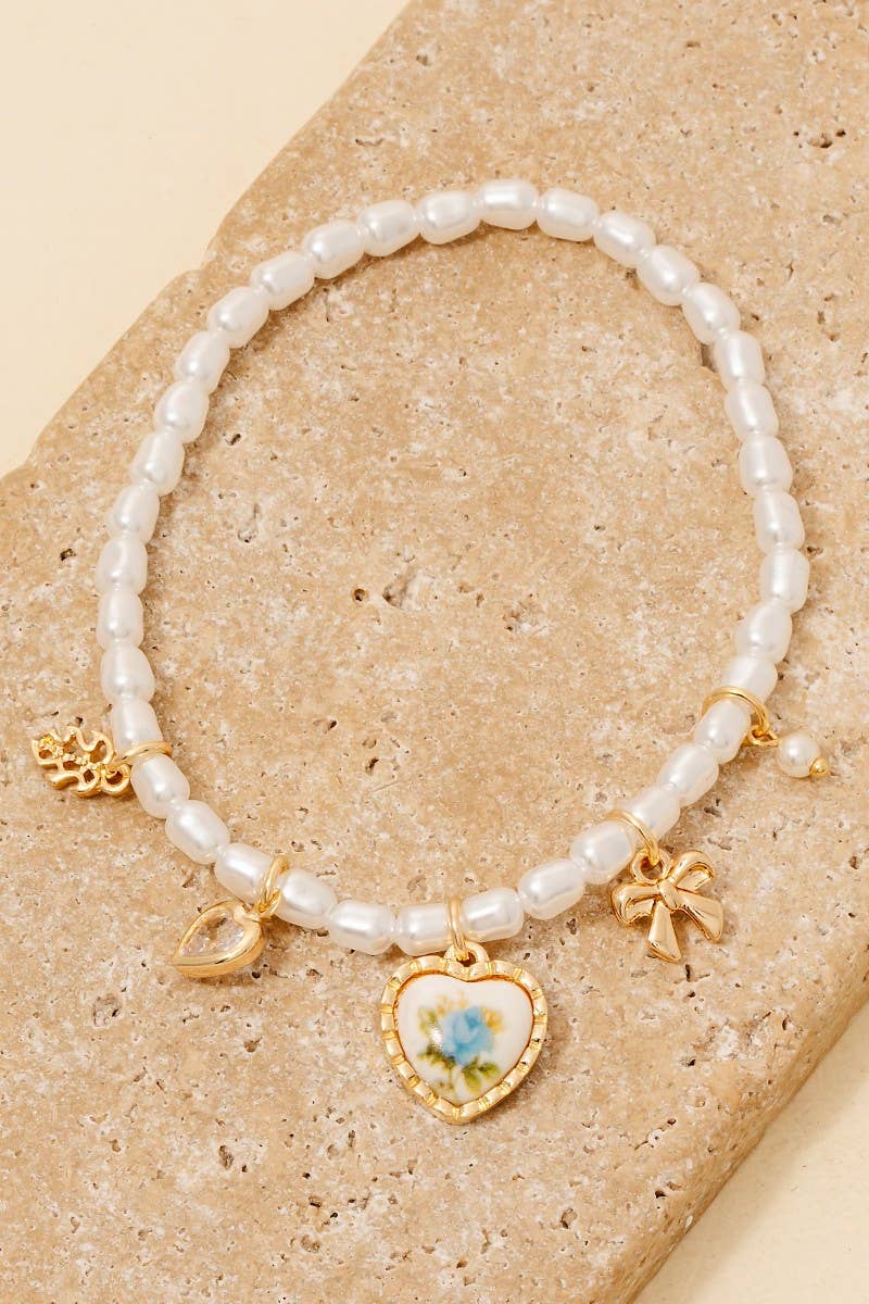 Floral Ceramic Heart And Bow Charms Pearl Beaded Bracelet