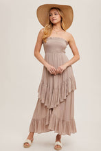 Load image into Gallery viewer, BOHO SMOCKED STRAPLESS TIERED RUFFLE MIDI DRESS
