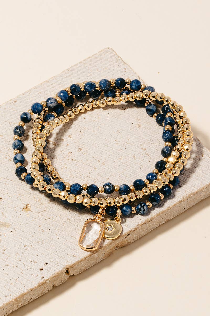 Rectangle Gem And Disc Charm Beaded Bracelet Set