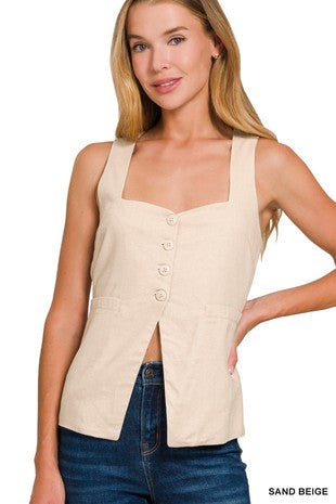 Linen Tie-back 4-button Vest With Lining