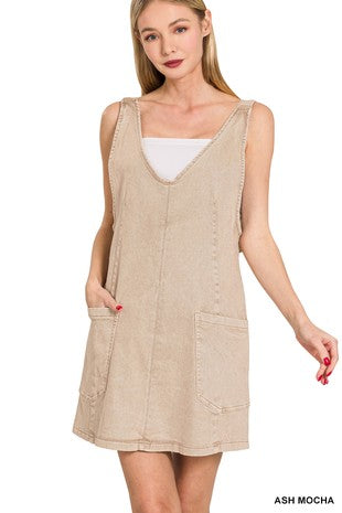 Washed Adjustable Strap Denim Overall Dress