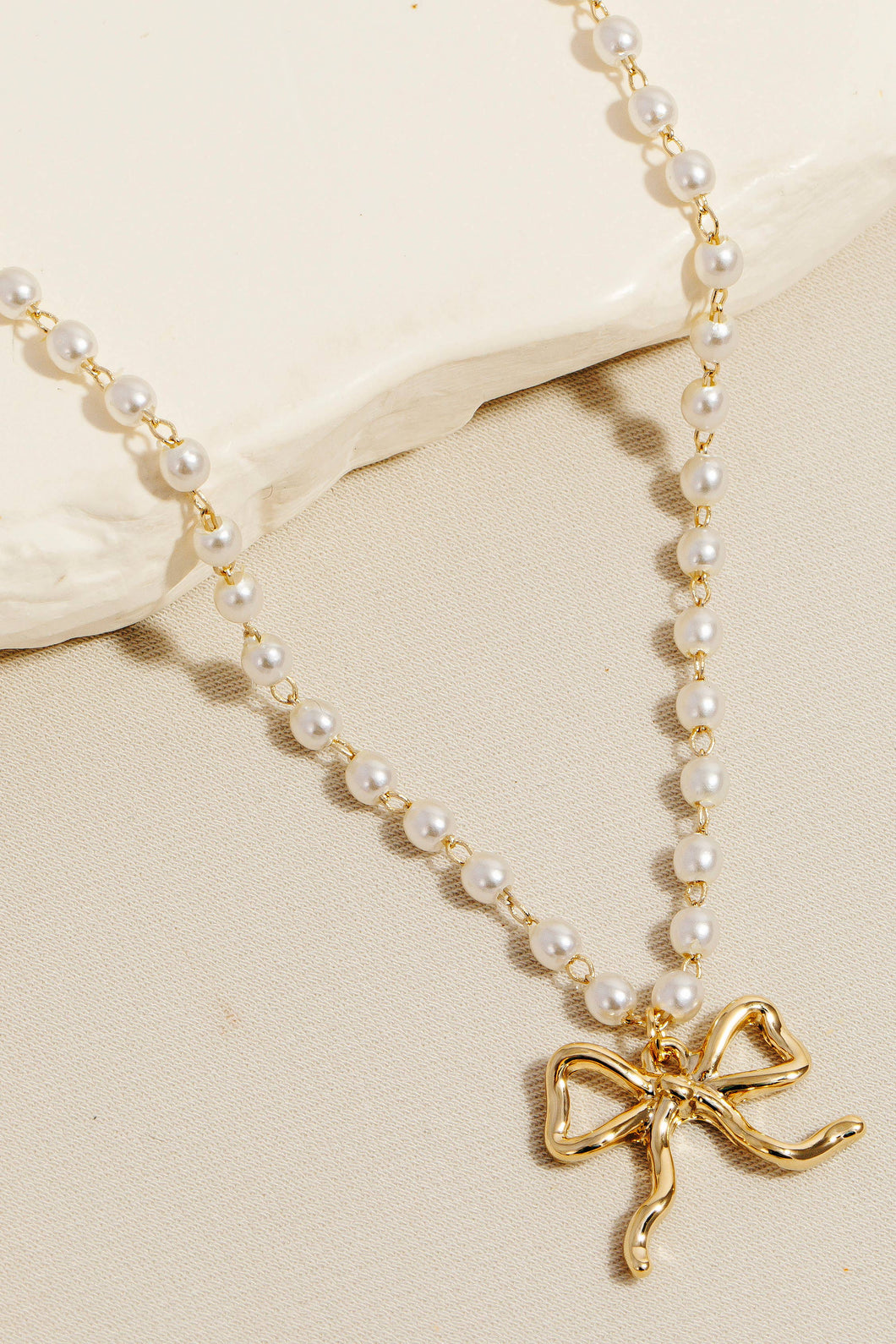 Pearl Chain Ribbon Bow Pendant Necklace