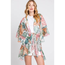 Load image into Gallery viewer, Ruffle Lined Tropical Leaves Print Kimono
