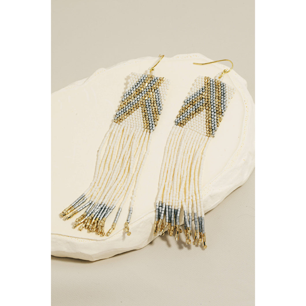 Rectangular Boho Seed Beaded Fringe Dangle Earrings