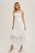 Load image into Gallery viewer, BOHO SMOCKED STRAPLESS TIERED RUFFLE MIDI DRESS
