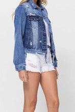 Load image into Gallery viewer, DISTRESSED CLASSIC FIT CROP JACKET W CONTRAST FABRIC
