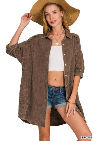 Washed Double Gauze Button Down Shirt Dress