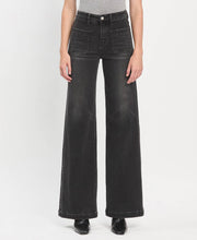 Load image into Gallery viewer, HIGH RISE PATCH POCKET BLACK WIDE TROUSER JEANS
