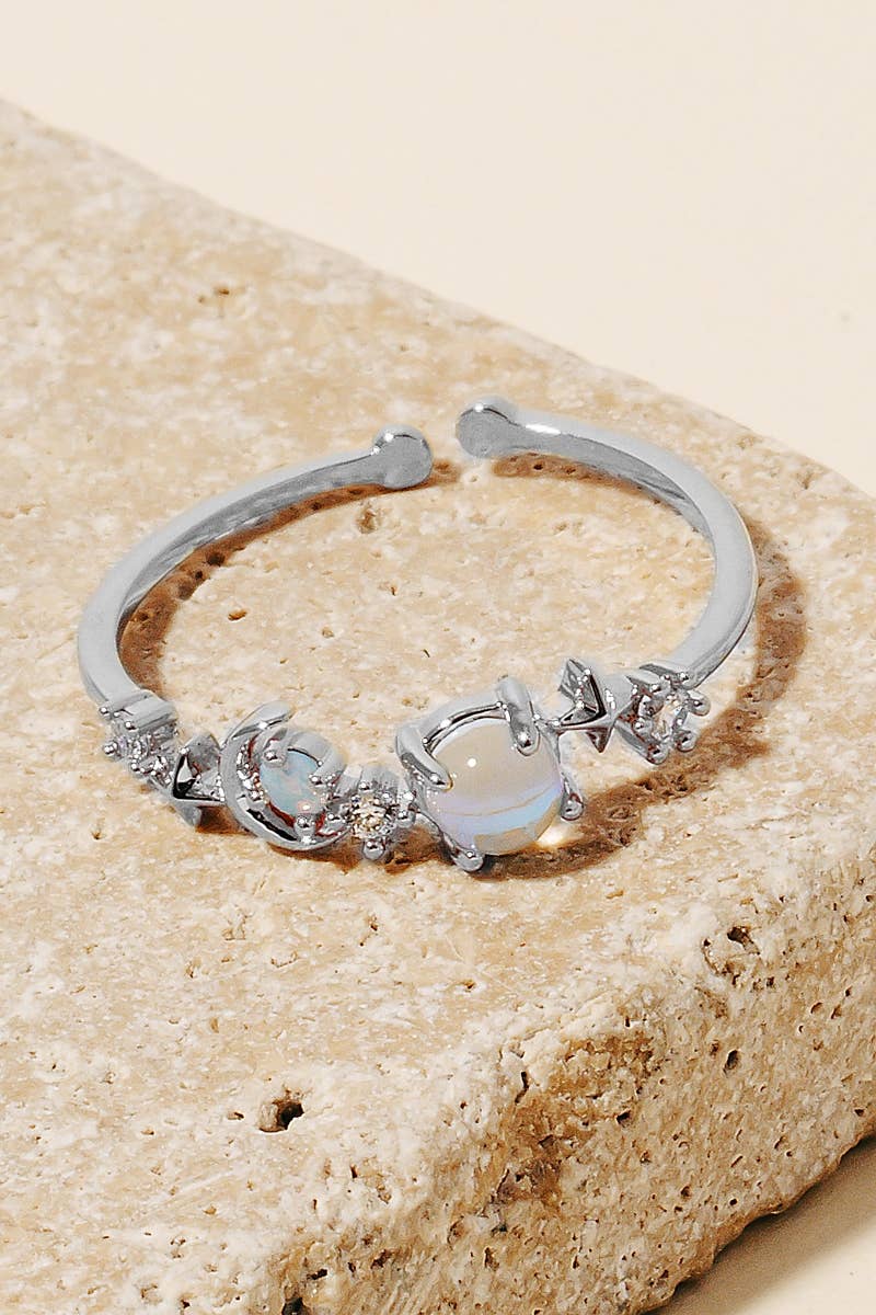 Moon Star Iridescent And Rhinestone Studs Open Band Ring