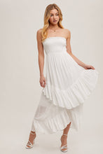 Load image into Gallery viewer, BOHO SMOCKED STRAPLESS TIERED RUFFLE MIDI DRESS
