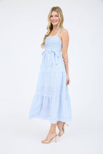 Load image into Gallery viewer, STRIPE TIE DETAIL SLEEVELESS TIERED MIDI DRESS
