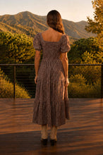 Load image into Gallery viewer, PLAID PUFF SLEEVE CORSET DETAIL TIERED MIDI DRESS
