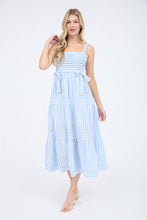 Load image into Gallery viewer, STRIPE TIE DETAIL SLEEVELESS TIERED MIDI DRESS
