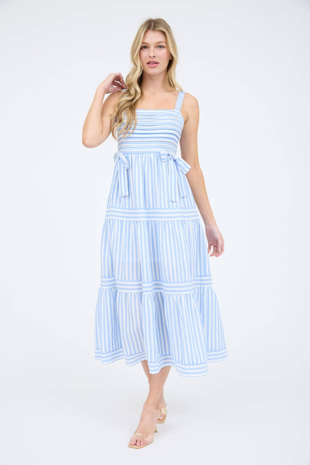 STRIPE TIE DETAIL SLEEVELESS TIERED MIDI DRESS