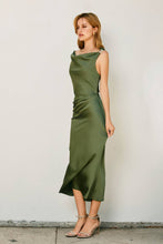 Load image into Gallery viewer, Satin Metal Trim Cowl Ruched Midi Dress
