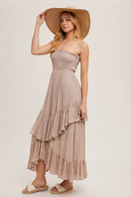 Load image into Gallery viewer, BOHO SMOCKED STRAPLESS TIERED RUFFLE MIDI DRESS
