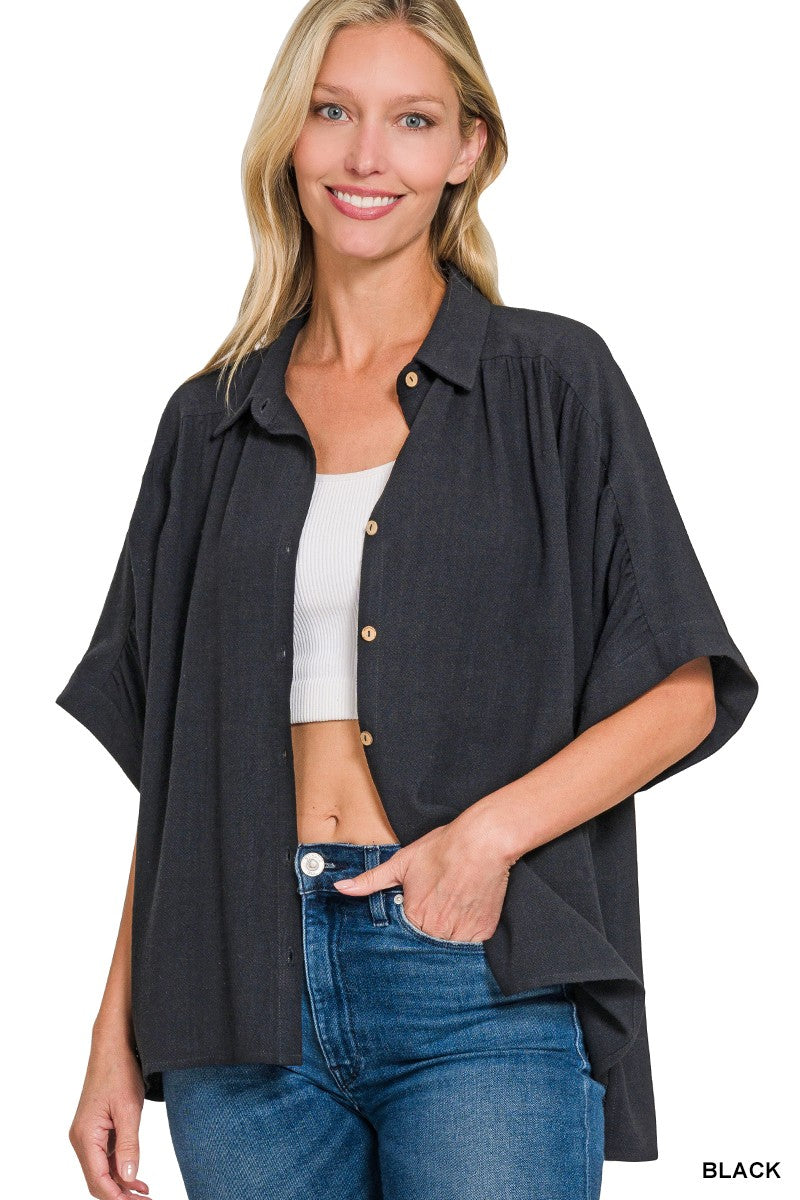 Linen Seam Cuffed Sleeve Button Down Top