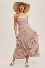 Load image into Gallery viewer, BOHO SMOCKED STRAPLESS TIERED RUFFLE MIDI DRESS
