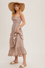 Load image into Gallery viewer, BOHO SMOCKED STRAPLESS TIERED RUFFLE MIDI DRESS
