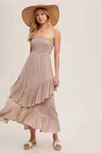 Load image into Gallery viewer, BOHO SMOCKED STRAPLESS TIERED RUFFLE MIDI DRESS
